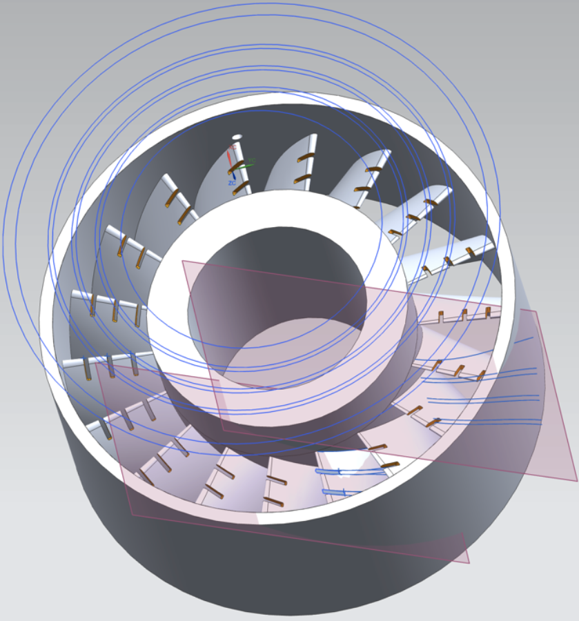 Projected curves and construction planes used for slitted outlet guide vanes